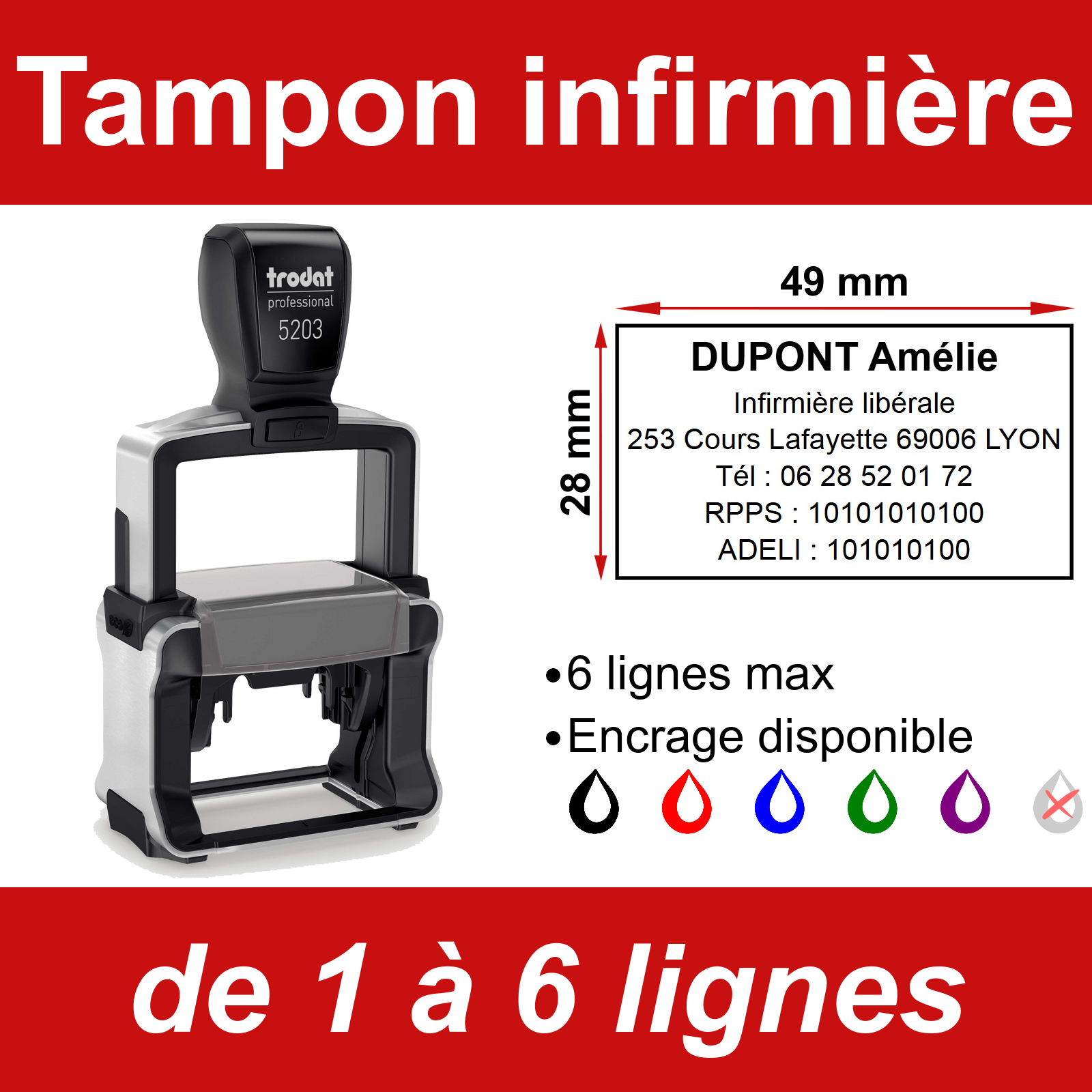 Tampon encreur professionnel pour Infirmière 6 lignes | Tampon Personnalisé