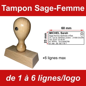 Tampon Bois éco Sage-femme 6 lignes/logo